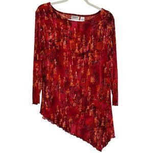 Chicos Travelers Vintage Asymmetrical Top Blouse Shirt Red Black 2 US L